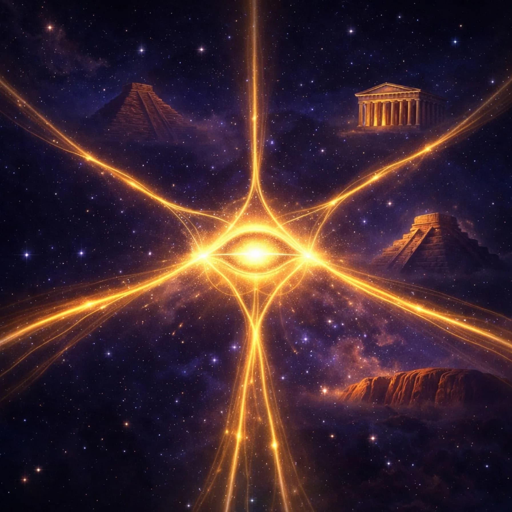 Golden threads converging from five ancient monuments