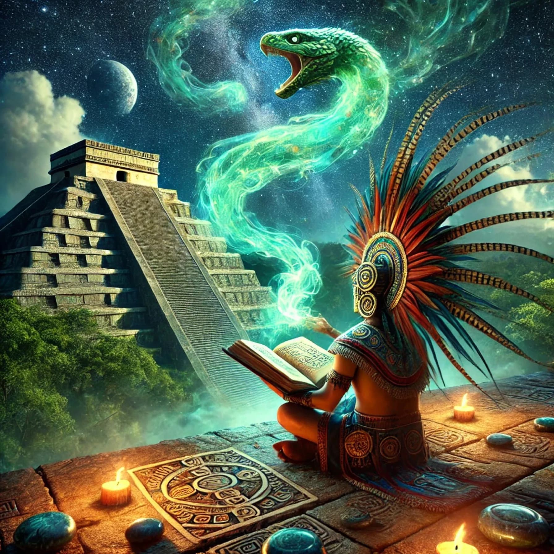 Aztec dream interpreter with codex and Quetzalcoatl