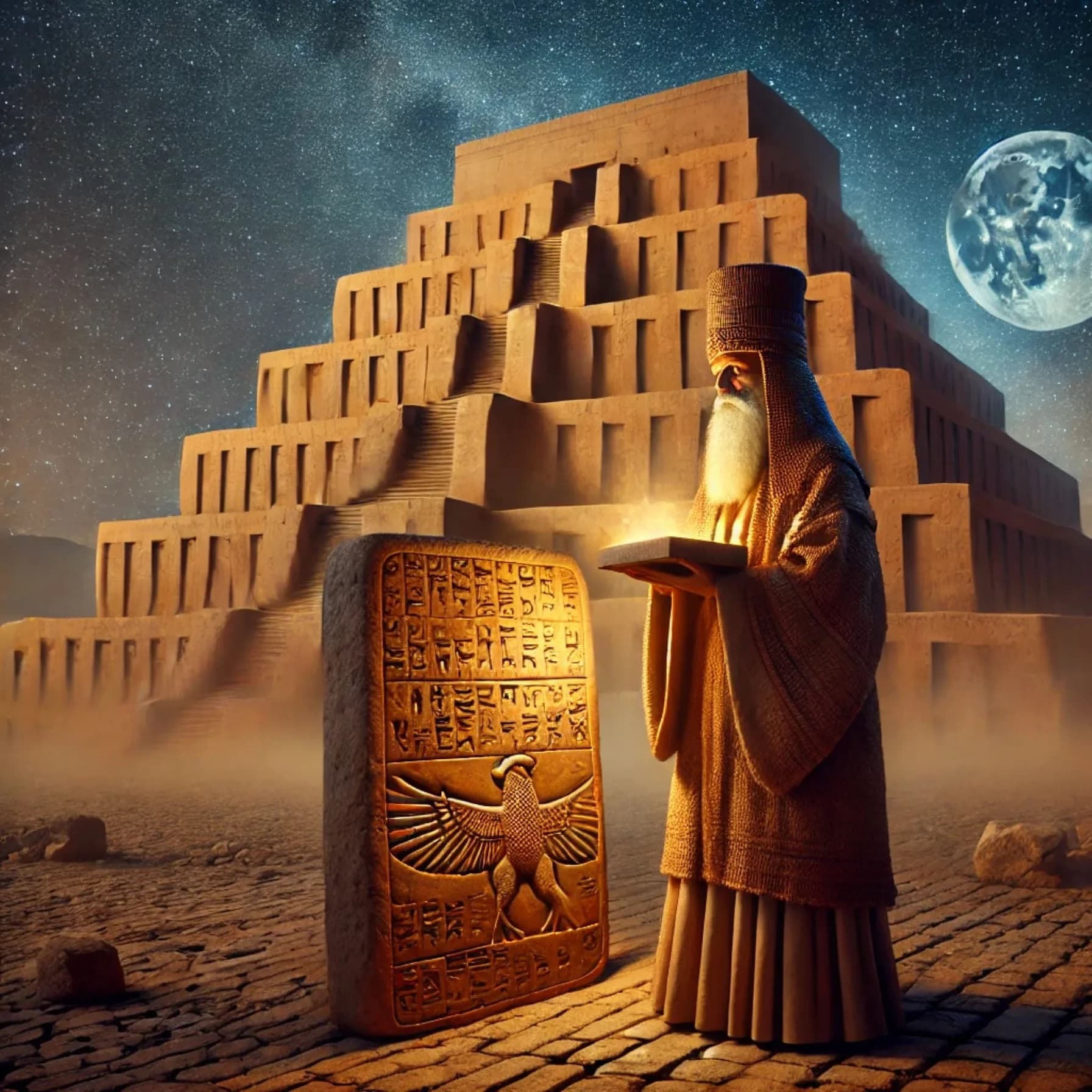 Babylonian priest interpreting dreams at a ziggurat